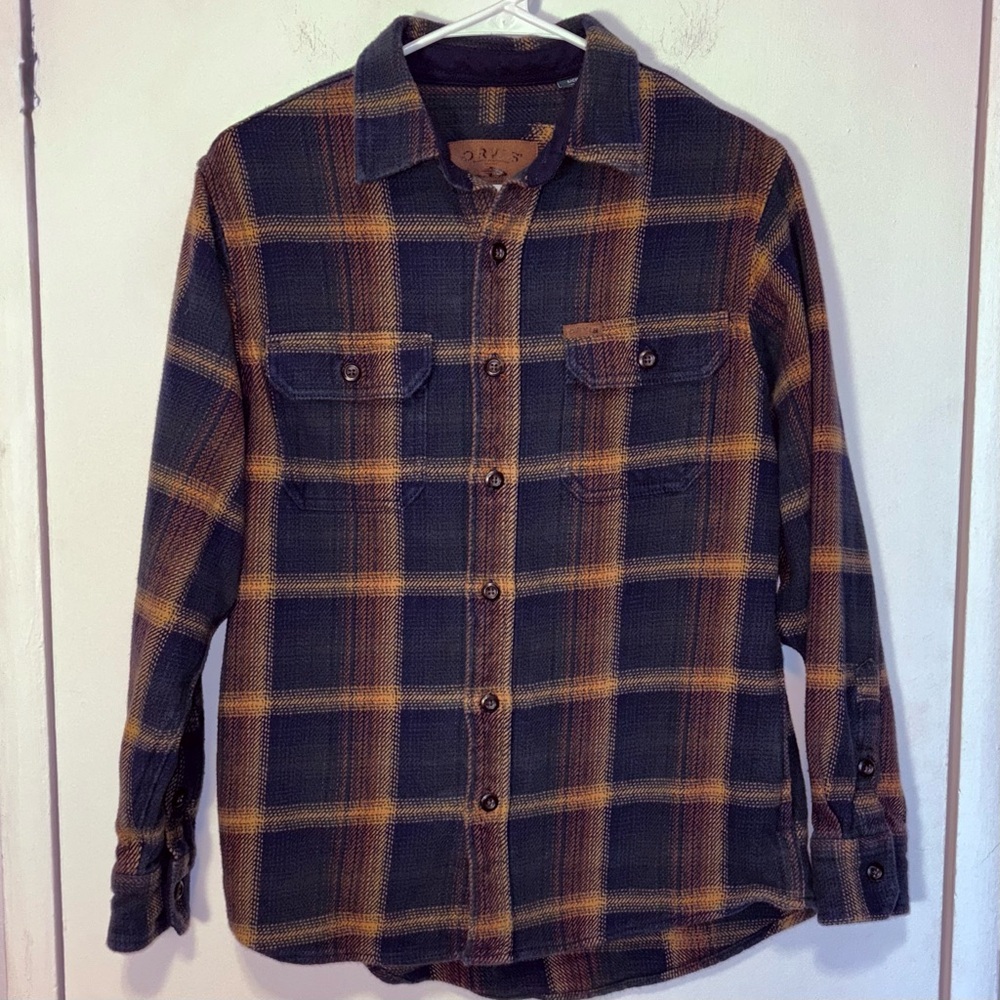 Orvis Mens Small Blue Plaid Cotton Heavyweight Flannel Shacket Jacket Outdoors